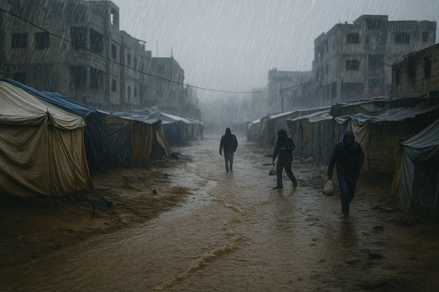 Chuva intensa atinge área com tendas e construções precárias na Faixa de Gaza, provocando alagamentos em meio a condições climáticas severas