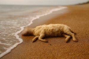 Imagem ilustrativa mostra carcaça de animal sem cabeça na areia de uma praia, em cenário costeiro, produzida por inteligência artificial.