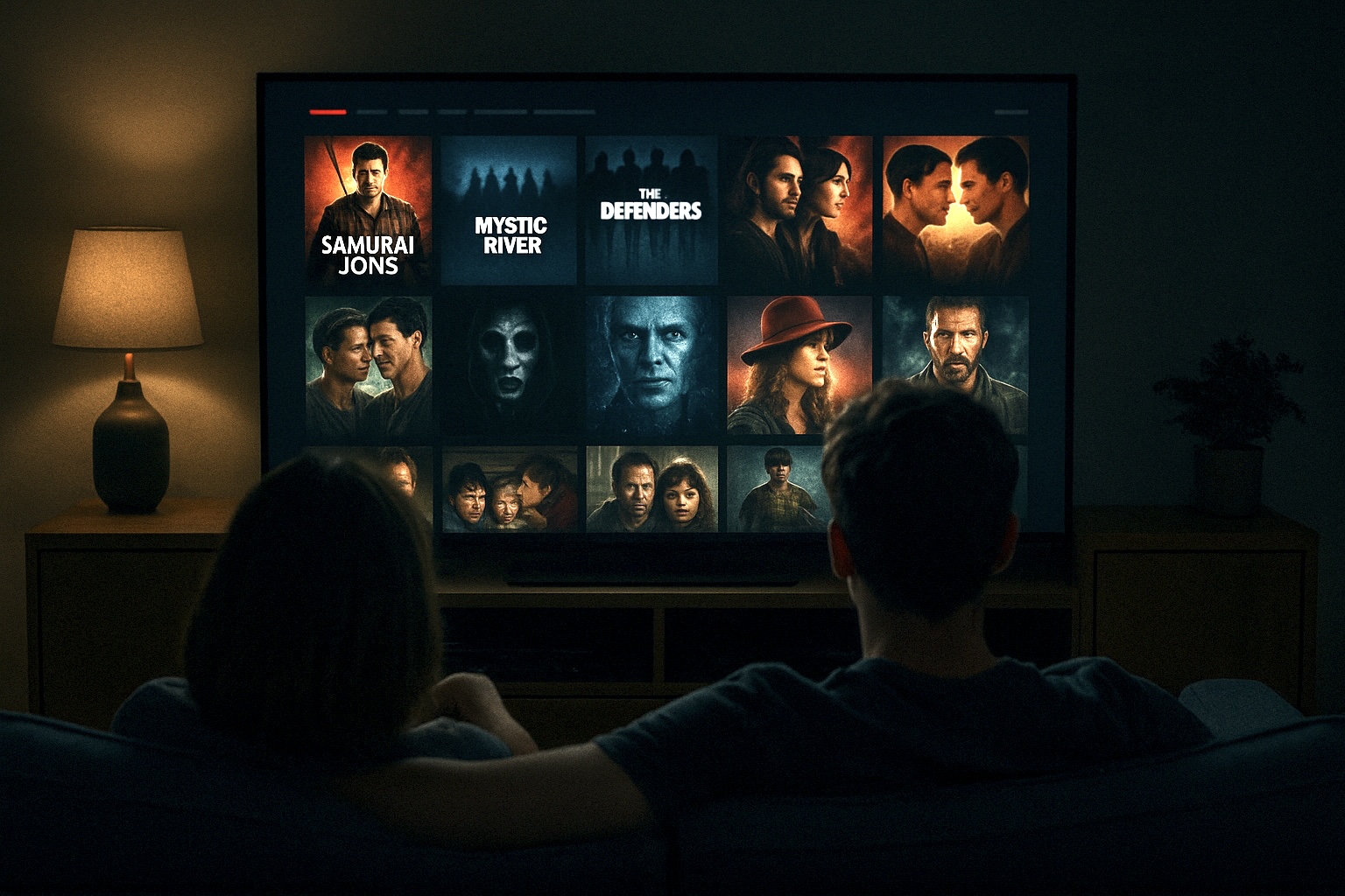 Casal sentado em frente a uma TV exibindo grade de conteúdos de streaming, em sala escura iluminada pela luz da tela; imagem conceitual gerada por inteligência artificial.