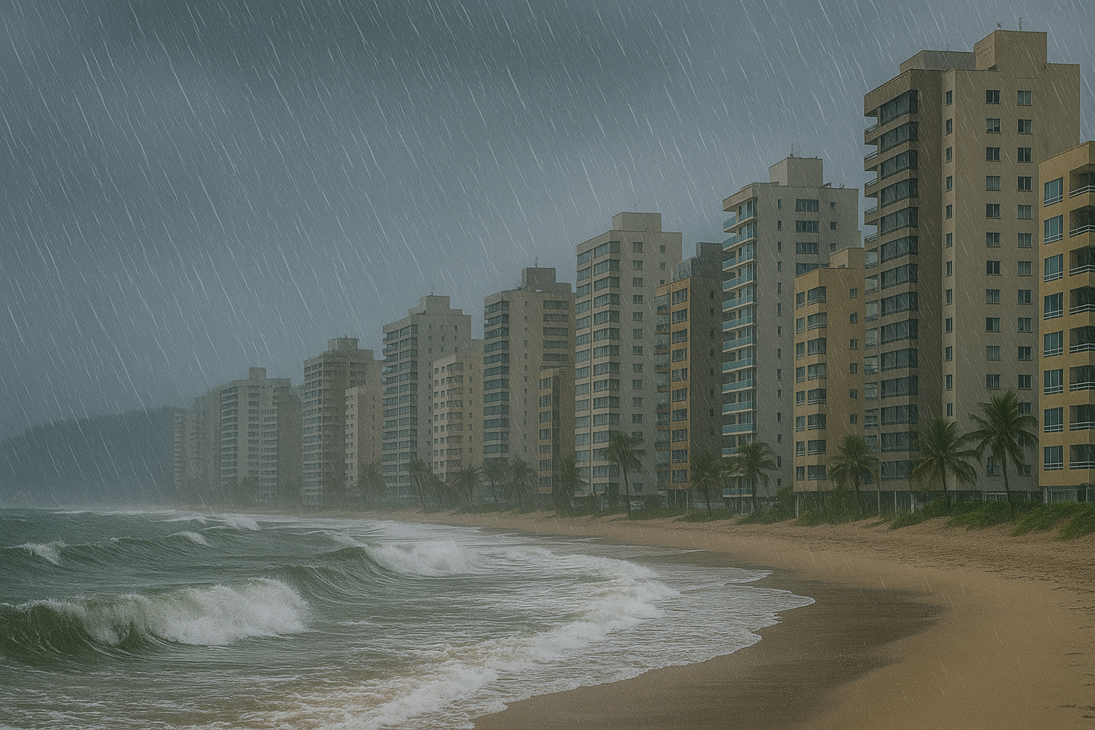 Imagem gerada por inteligência artificial mostrando uma praia do Sul do Brasil sob forte chuva e ventos intensos.