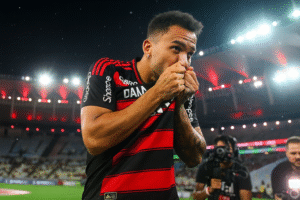 Danilo, jogador do Flamengo, beija o escudo da camisa em celebração após marcar gol, em imagem gerada por inteligência artificial.