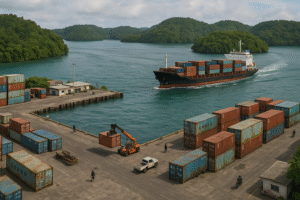 Porto de Palau visto de cima, com contêineres envelhecidos, trabalhadores no pátio e navio cargueiro navegando entre ilhas verdes.