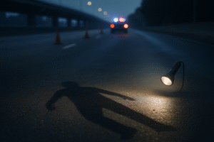 Lanterna pericial iluminando o asfalto vazio à noite, com sombra humana projetada no chão e cones desfocados ao fundo.