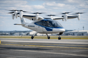 Imagem ilustrativa gerada por inteligência artificial mostra protótipo de carro voador da Embraer em pista de pouso, em ambiente aeroportuário.