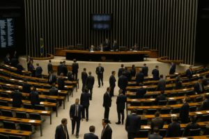 Sessão da Câmara dos Deputados vista de cima, com parlamentares em movimentação e painel de votos desfocado; imagem gerada por inteligência artificial.