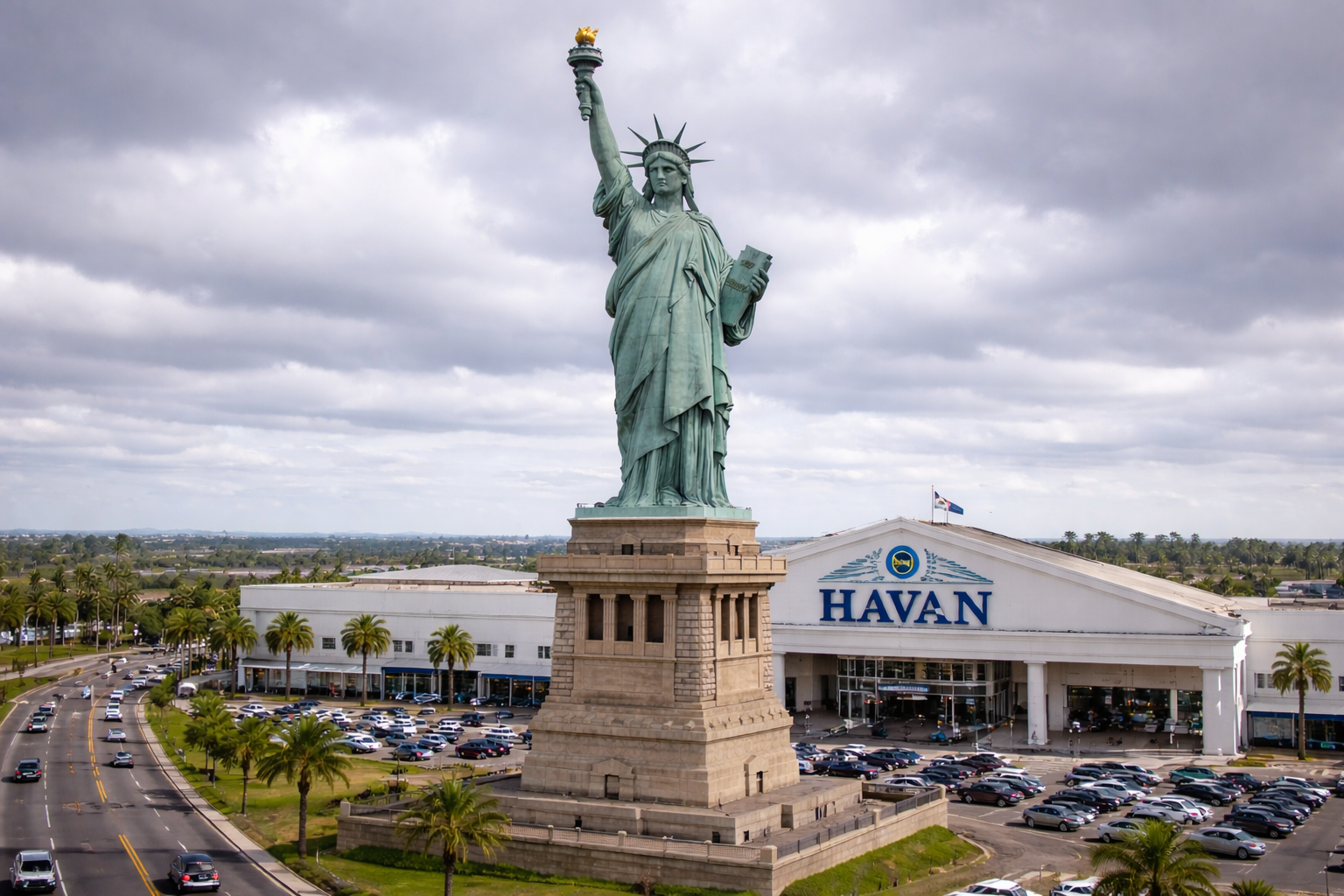 Ilustração gerada por inteligência artificial mostra réplica da Estátua da Liberdade em frente a uma loja da Havan, em Guaíba, no Rio Grande do Sul, sob céu nublado.