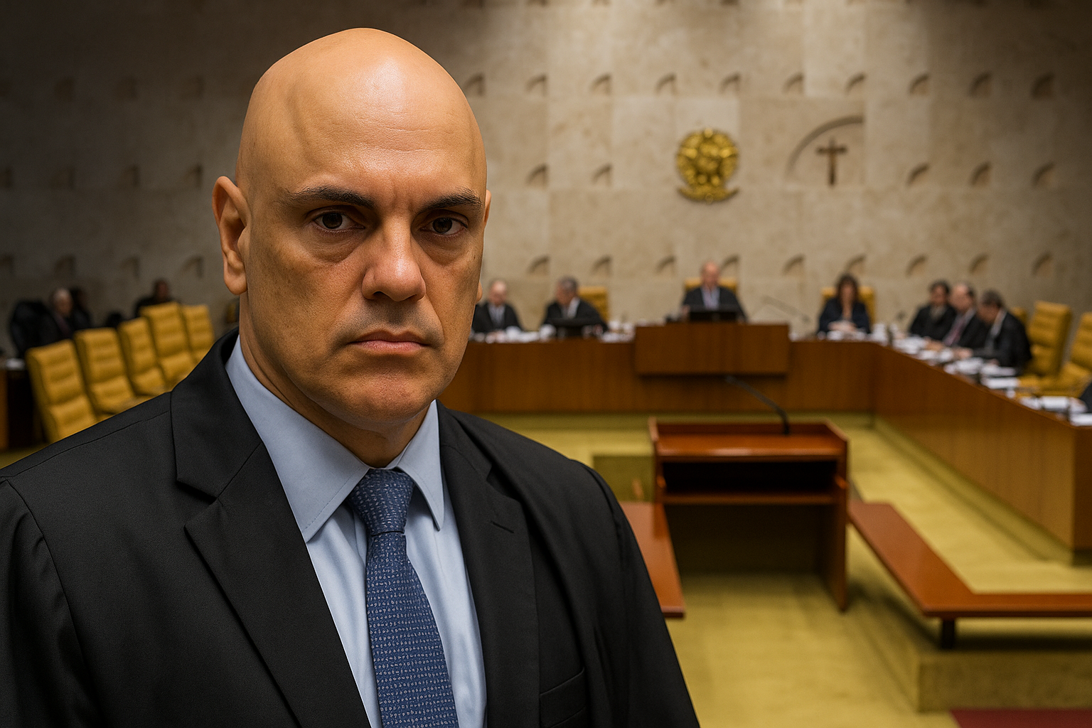 Ilustração jornalística gerada por inteligência artificial mostra o ministro Alexandre de Moraes no plenário do STF, com fidelidade visual e caráter exclusivamente informativo.