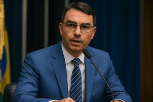 Imagem gerada por inteligência artificial mostrando o senador Flávio Bolsonaro durante discurso no Senado.