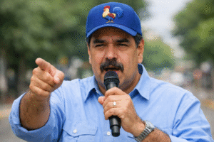 Ilustração gerada por inteligência artificial mostra Nicolás Maduro discursando ao ar livre, segurando um microfone e gesticulando, em alusão a declarações recentes sobre imigração e política regional.