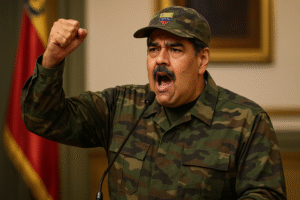 Nicolás Maduro discursando com farda camuflada em ambiente oficial, em imagem conceitual gerada por inteligência artificial.