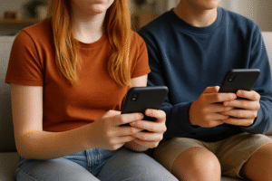 Adolescentes usando smartphones sentados em um sofá dentro de uma sala de estar; imagem conceitual gerada por inteligência artificial.