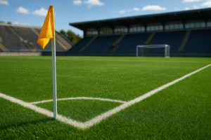 Corner de estádio com gramado sintético alto e bandeirinha de escanteio ao lado, em imagem jornalística gerada por inteligência artificial.