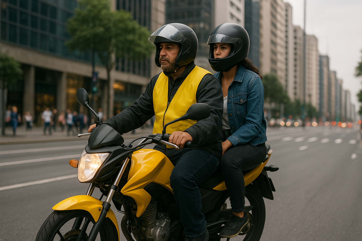 Motociclista com passageiro na garupa circula por via urbana movimentada em cenário cosmopolita.