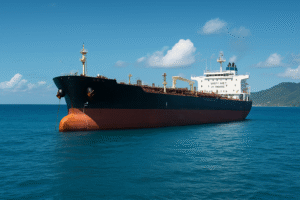 Navio petroleiro venezuelano parado na costa do Caribe em imagem jornalística gerada por inteligência artificial.