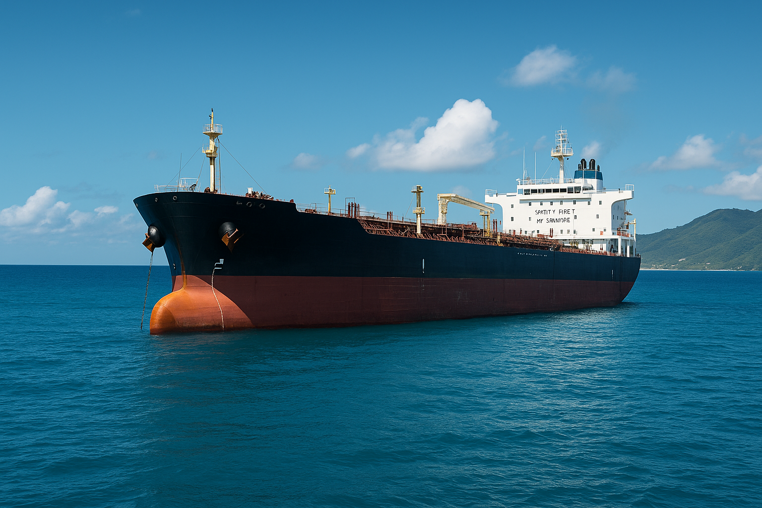 Navio petroleiro venezuelano parado na costa do Caribe em imagem jornalística gerada por inteligência artificial.