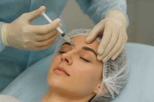 Profissional aplicando injeção estética no rosto de paciente em ambiente clínico, em imagem ilustrativa gerada por inteligência artificial.