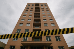 Prédio alto visto de baixo para cima com fita de perícia policial em primeiro plano; imagem gerada por inteligência artificial.