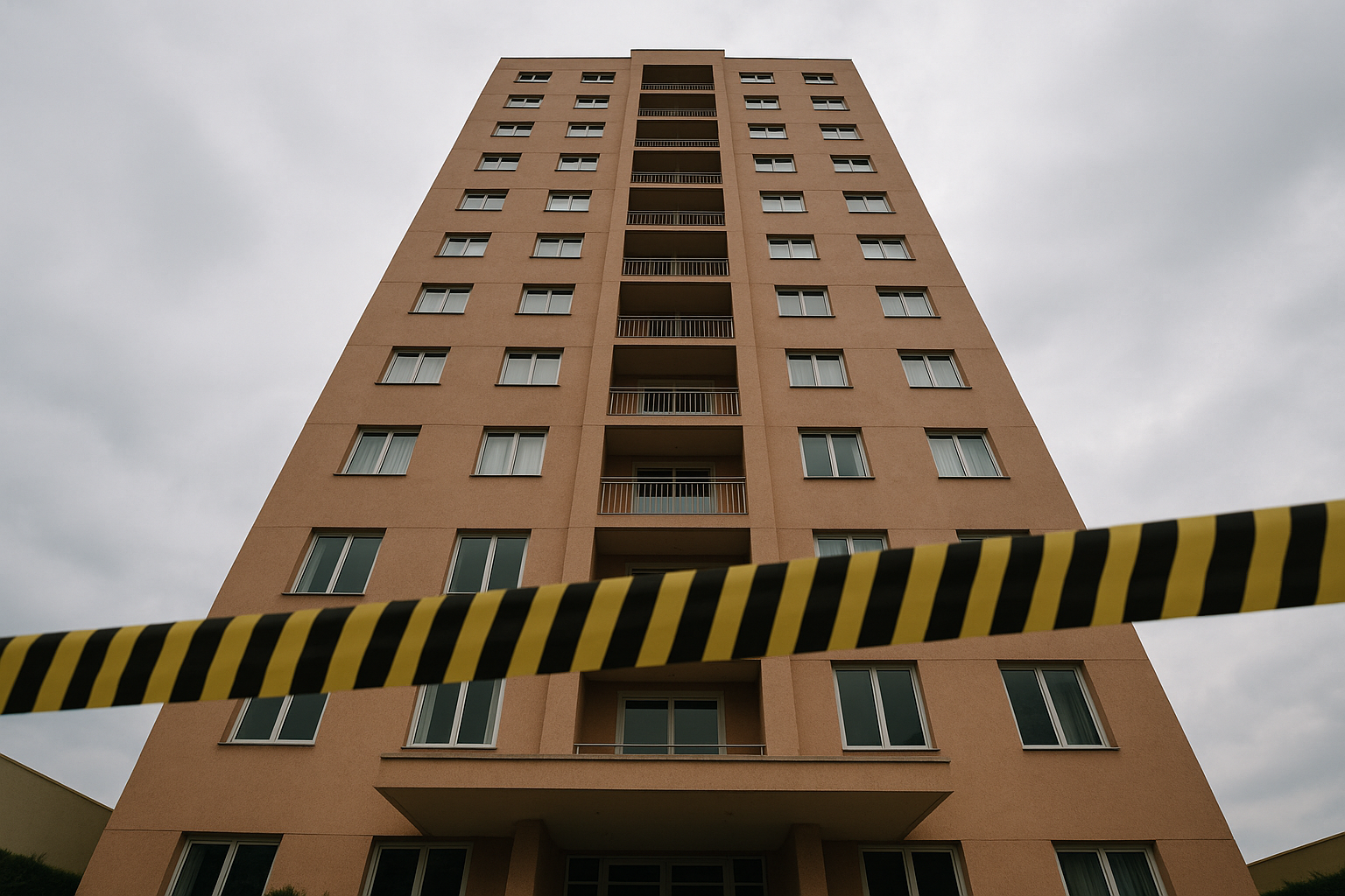 Prédio alto visto de baixo para cima com fita de perícia policial em primeiro plano; imagem gerada por inteligência artificial.