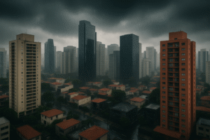 Vista semi-aérea de bairro nobre de São Paulo sob forte temporal, em ilustração ultrarrealista gerada por inteligência artificial.