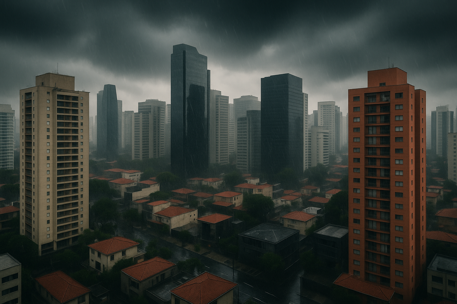 Vista semi-aérea de bairro nobre de São Paulo sob forte temporal, em ilustração ultrarrealista gerada por inteligência artificial.