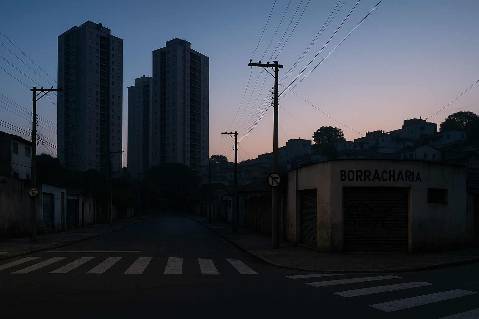 Cruzamento de ruas em bairro misto da Grande São Paulo sem energia elétrica ao amanhecer, com imóveis comerciais e residenciais às escuras após vendaval.