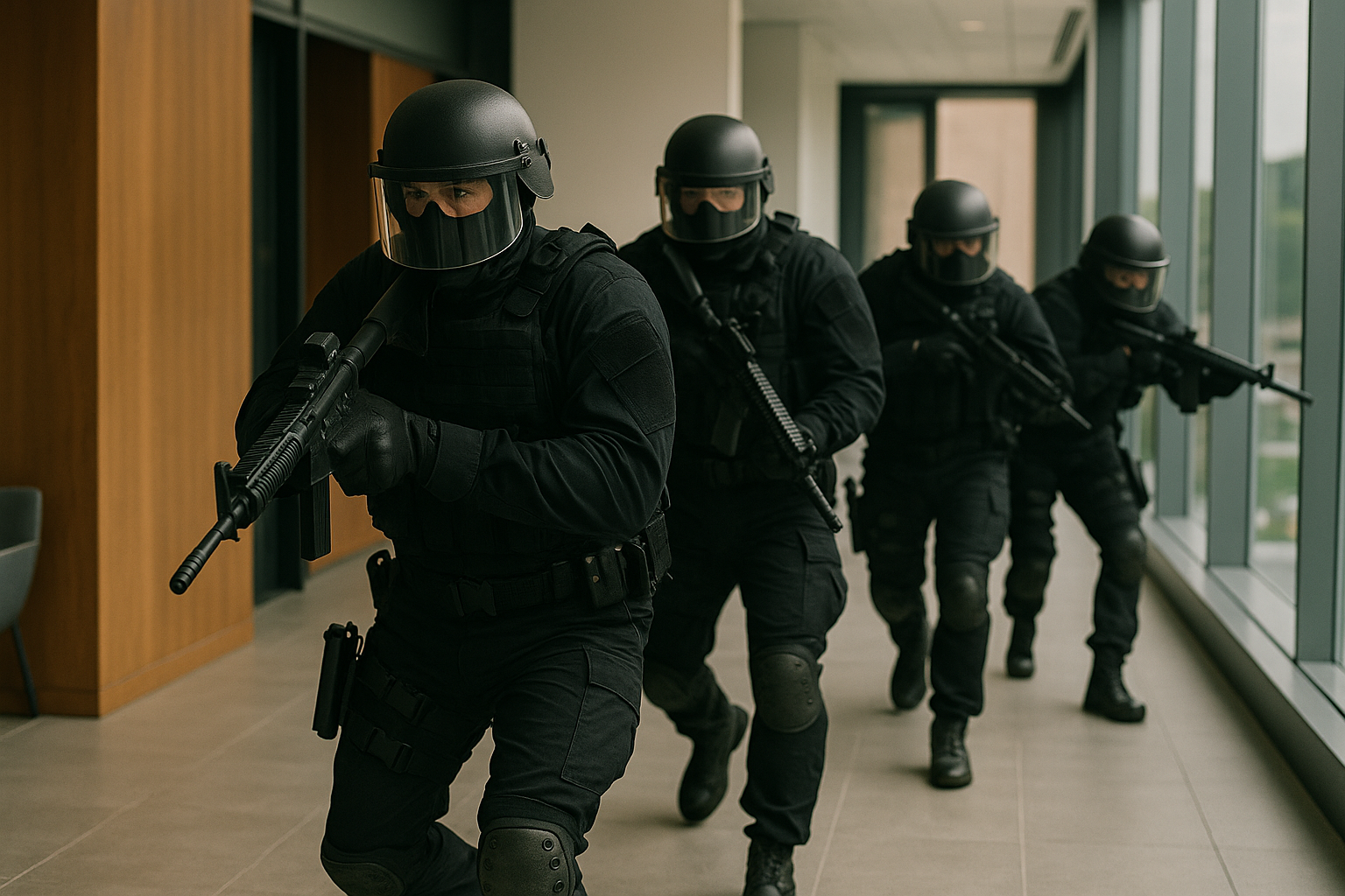Equipe tática realizando treinamento em ambiente corporativo moderno; imagem gerada por inteligência artificial para fins jornalísticos.