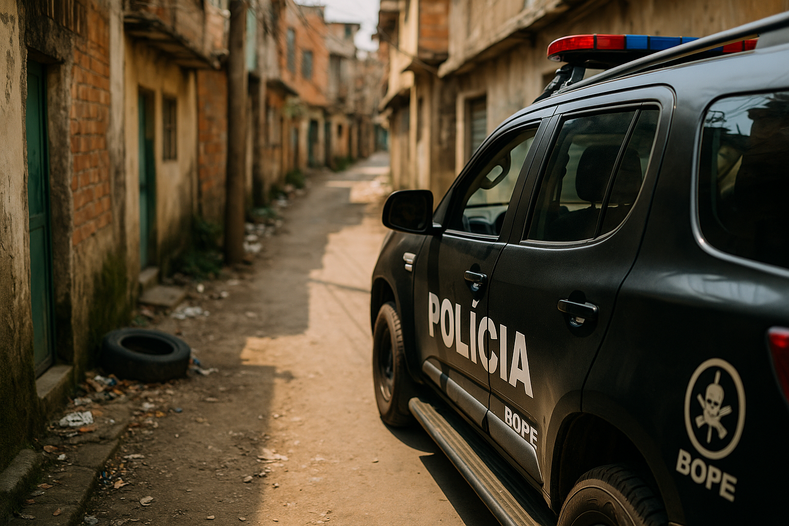 Viatura da polícia entrando em viela de área periférica durante operação no Rio de Janeiro.