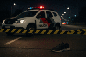Viatura policial genérica e faixa de isolamento em avenida à noite, com um tênis caído no asfalto em primeiro plano.