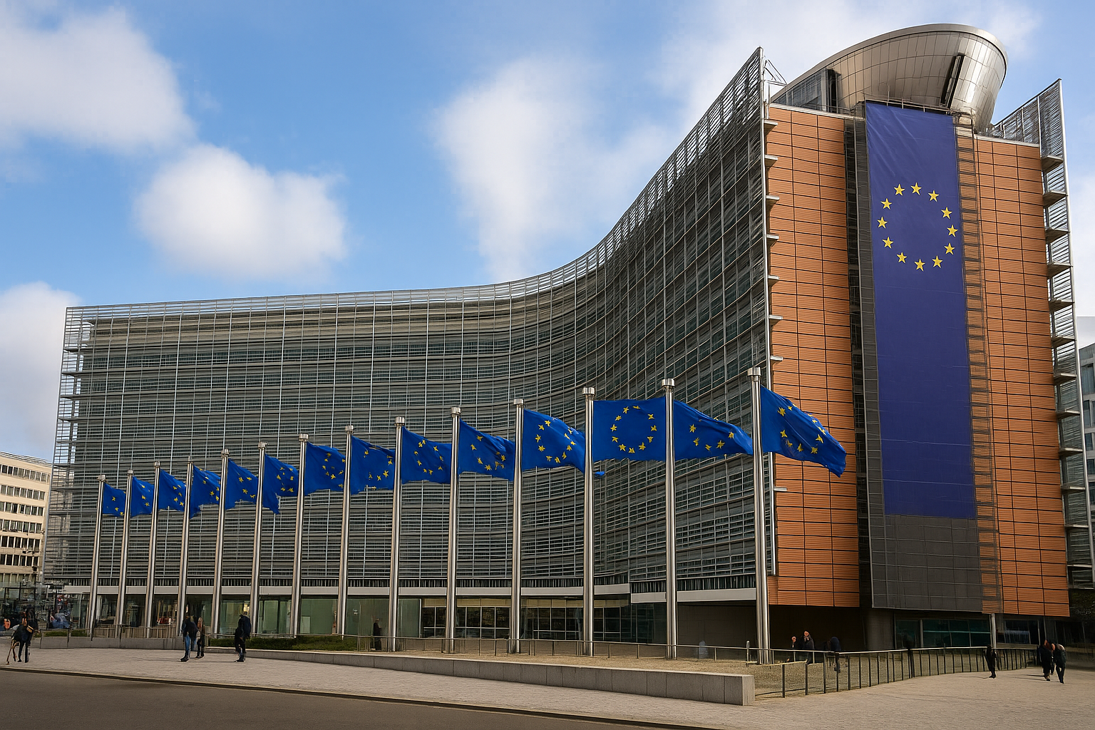 Fachada do edifício Berlaymont, sede da Comissão Europeia em Bruxelas, vista semiaérea em dia nublado, com bandeiras da União Europeia ao redor (imagem gerada por IA).