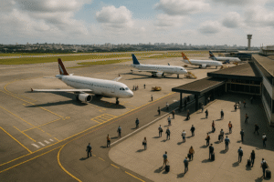 Vista semiaérea ilustrativa do Aeroporto de Congonhas com aeronaves no pátio e passageiros aguardando após cancelamentos de voos.