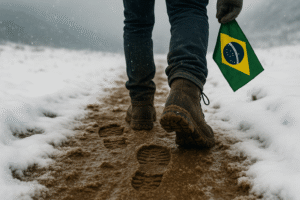 Caminhada em neve com pegadas marcadas na lama e uma pequena bandeira do Brasil, em imagem conceitual gerada por IA.