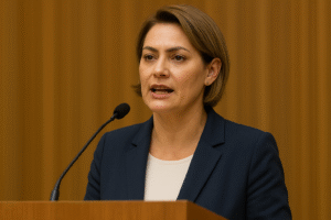 Michelle Bolsonaro aparece dando um discurso em púlpito de evento, em representação ilustrativa gerada por inteligência artificial.