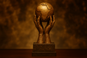 Taça da Paz da FIFA em destaque sobre mesa, com globo de cobre sustentado por mãos esculpidas, em frente a fundo dourado desfocado; imagem gerada por inteligência artificial.