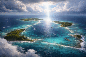 Vista semiaérea do Triângulo das Bermudas mostra ilhas cercadas por águas azul-turquesa sob céu parcialmente nublado, em ilustração sobre estrutura geológica oculta na região.