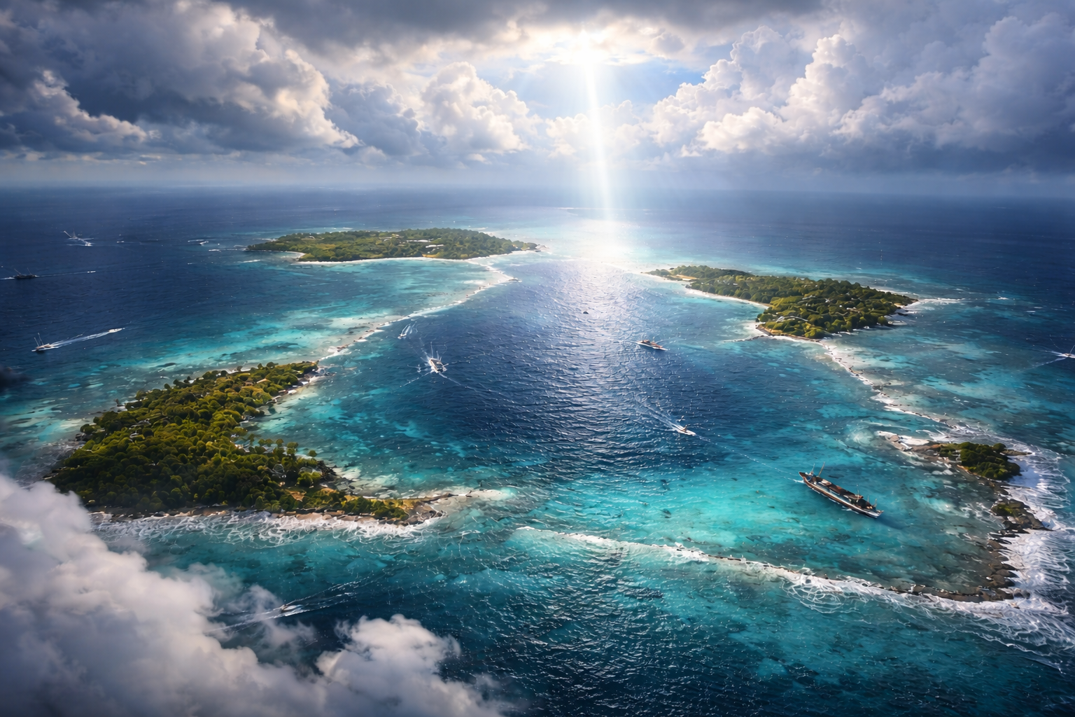 Vista semiaérea do Triângulo das Bermudas mostra ilhas cercadas por águas azul-turquesa sob céu parcialmente nublado, em ilustração sobre estrutura geológica oculta na região.