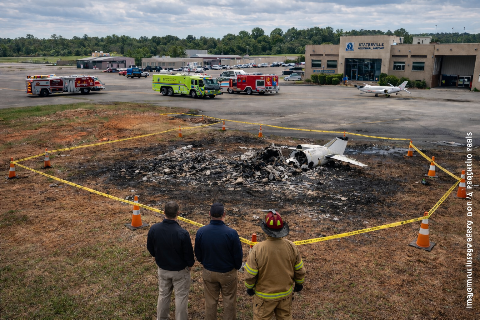 Imagem ilustrativa gerada por inteligência artificial mostra área isolada em aeroporto regional dos Estados Unidos após queda de avião particular, sem corresponder a registros reais do acidente.