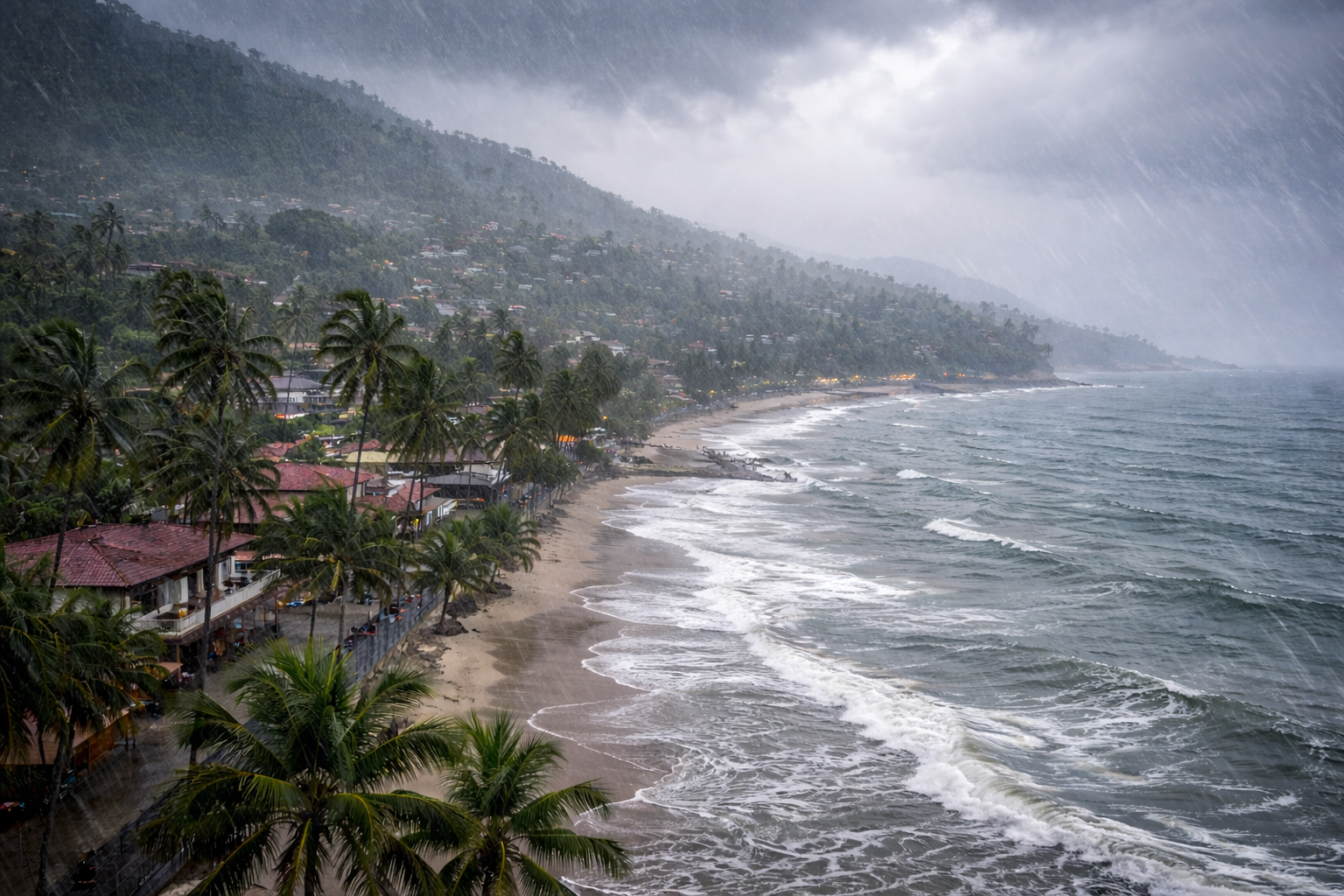 Vista semiaérea da costa de Ilhabela sob forte chuva, com mar agitado, céu fechado e precipitação intensa atingindo a faixa litorânea.