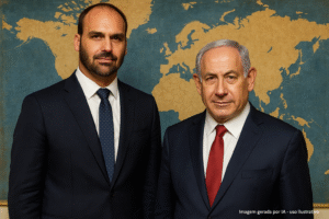 Benjamin Netanyahu e Eduardo Bolsonaro lado a lado diante de mapa-múndi em pintura a óleo; imagem gerada por inteligência artificial para uso ilustrativo.
