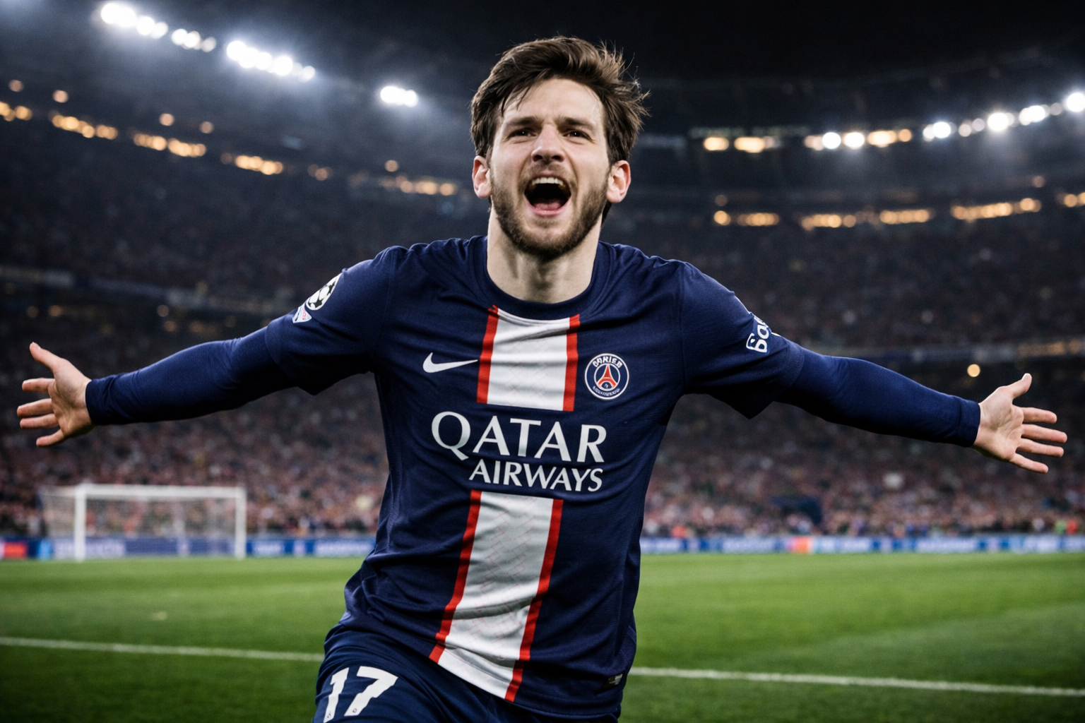 Jogador do Paris Saint-Germain comemora gol de braços abertos em estádio iluminado durante final da Copa Intercontinental, em cena noturna de futebol internacional.