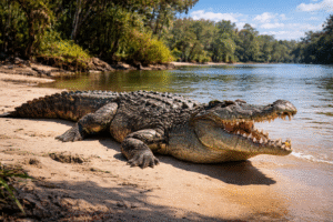Imagem ilustrativa de um crocodilo às margens de um rio em região natural da Austrália, associada a notícia sobre investigação envolvendo vídeos com animais selvagens.