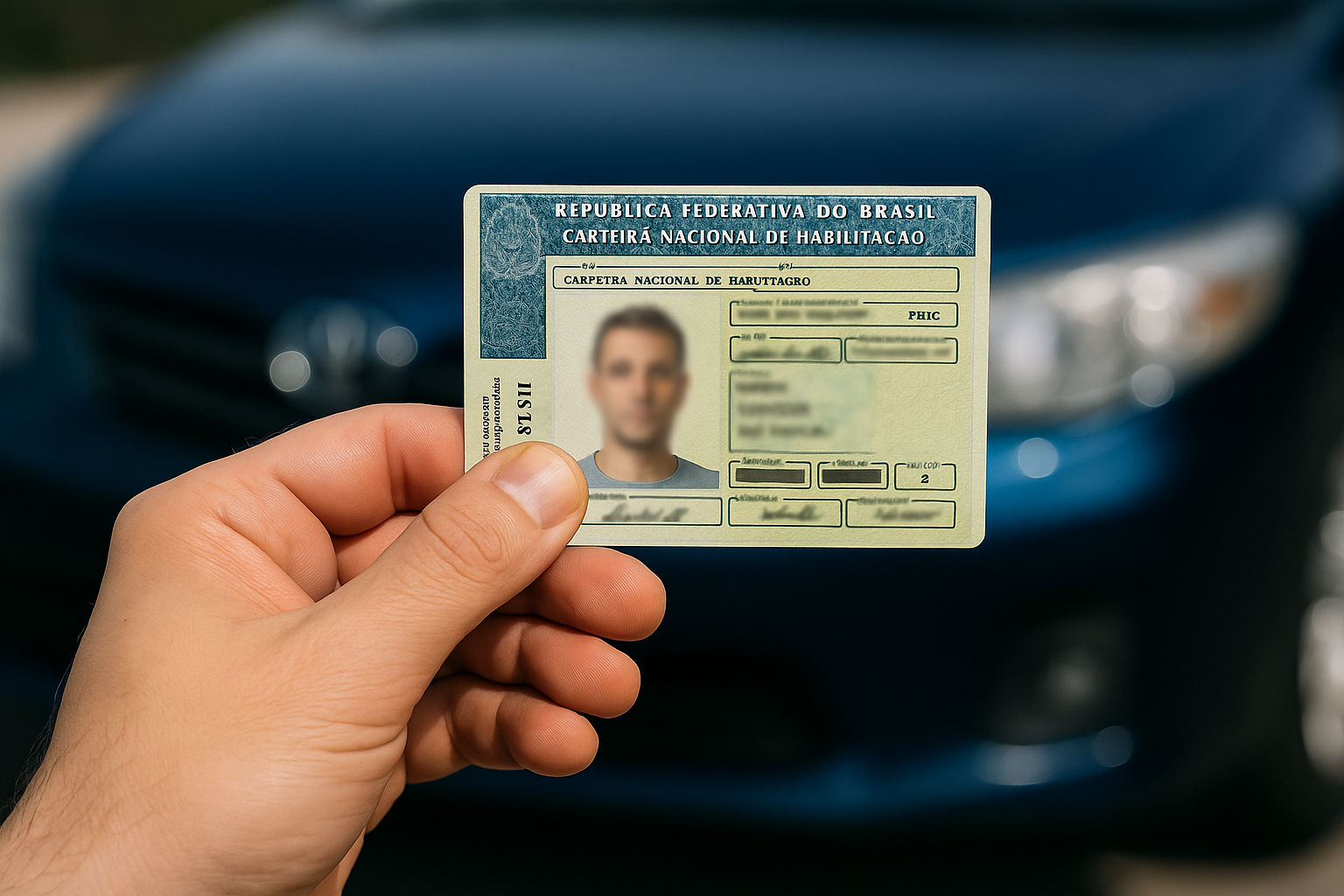 Mão de homem segurando uma CNH desfocada diante de um carro azul; imagem gerada por inteligência artificial.