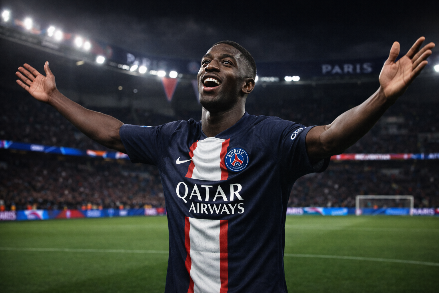 Ilustração gerada por inteligência artificial mostra Ousmane Dembélé, do Paris Saint-Germain, comemorando gol com os braços abertos em um estádio iluminado à noite.