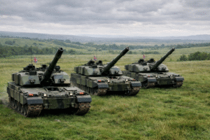 Tanques de guerra britânicos em área rural sob céu nublado, em imagem ilustrativa gerada por inteligência artificial para contextualização de cenário geopolítico.