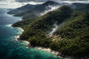 Vista semiaérea da ilha de Mindanao, nas Filipinas, com áreas de floresta densa e litoral, em imagem ilustrativa gerada por inteligência artificial.