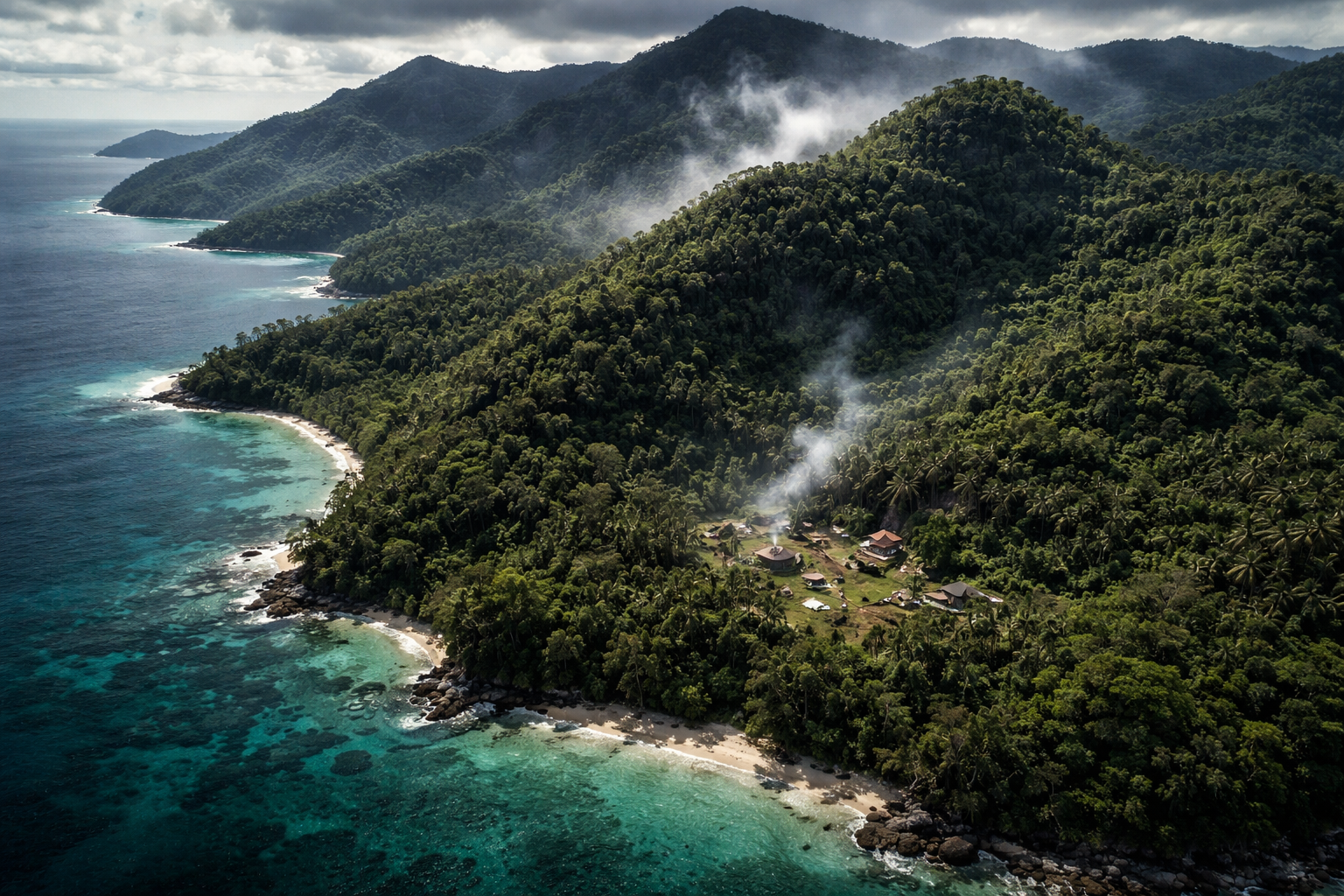 Vista semiaérea da ilha de Mindanao, nas Filipinas, com áreas de floresta densa e litoral, em imagem ilustrativa gerada por inteligência artificial.