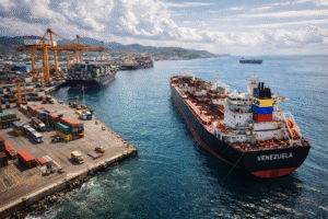 Vista semiaérea do porto de Puerto Cabello, na Venezuela, com navio petroleiro, guindastes, contêineres e intensa movimentação portuária em cenário diurno.