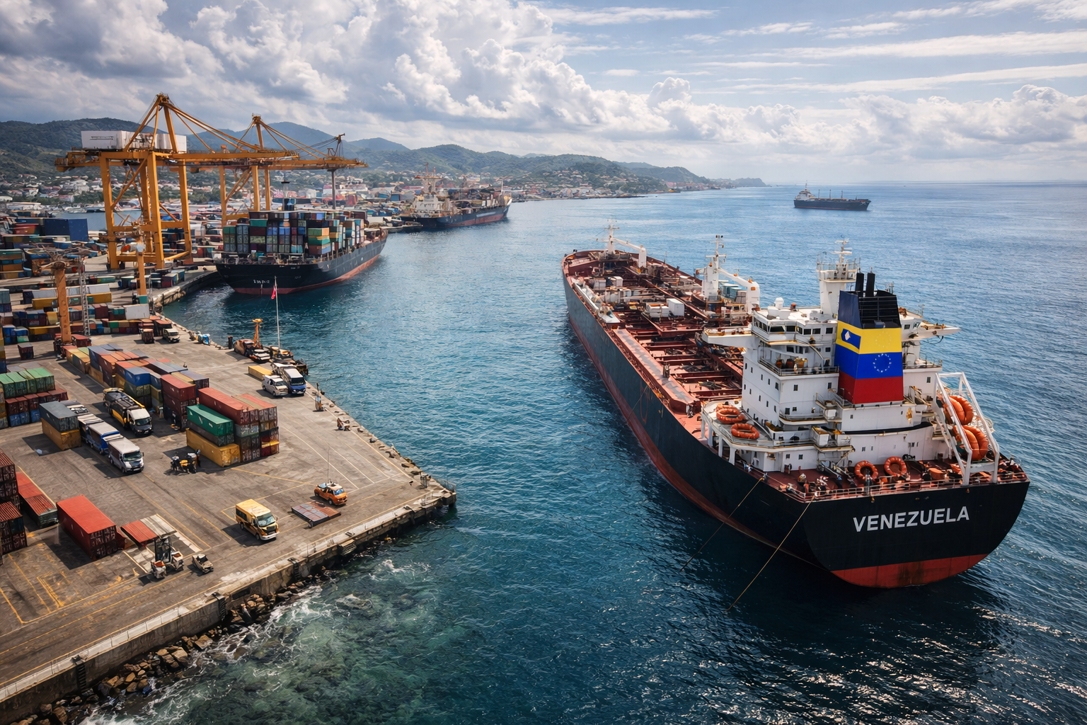 Vista semiaérea do porto de Puerto Cabello, na Venezuela, com navio petroleiro, guindastes, contêineres e intensa movimentação portuária em cenário diurno.