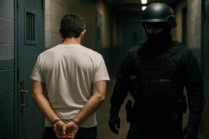 Ilustração jornalística gerada por IA mostra um detento algemado sendo escoltado por agente tático em corredor prisional.