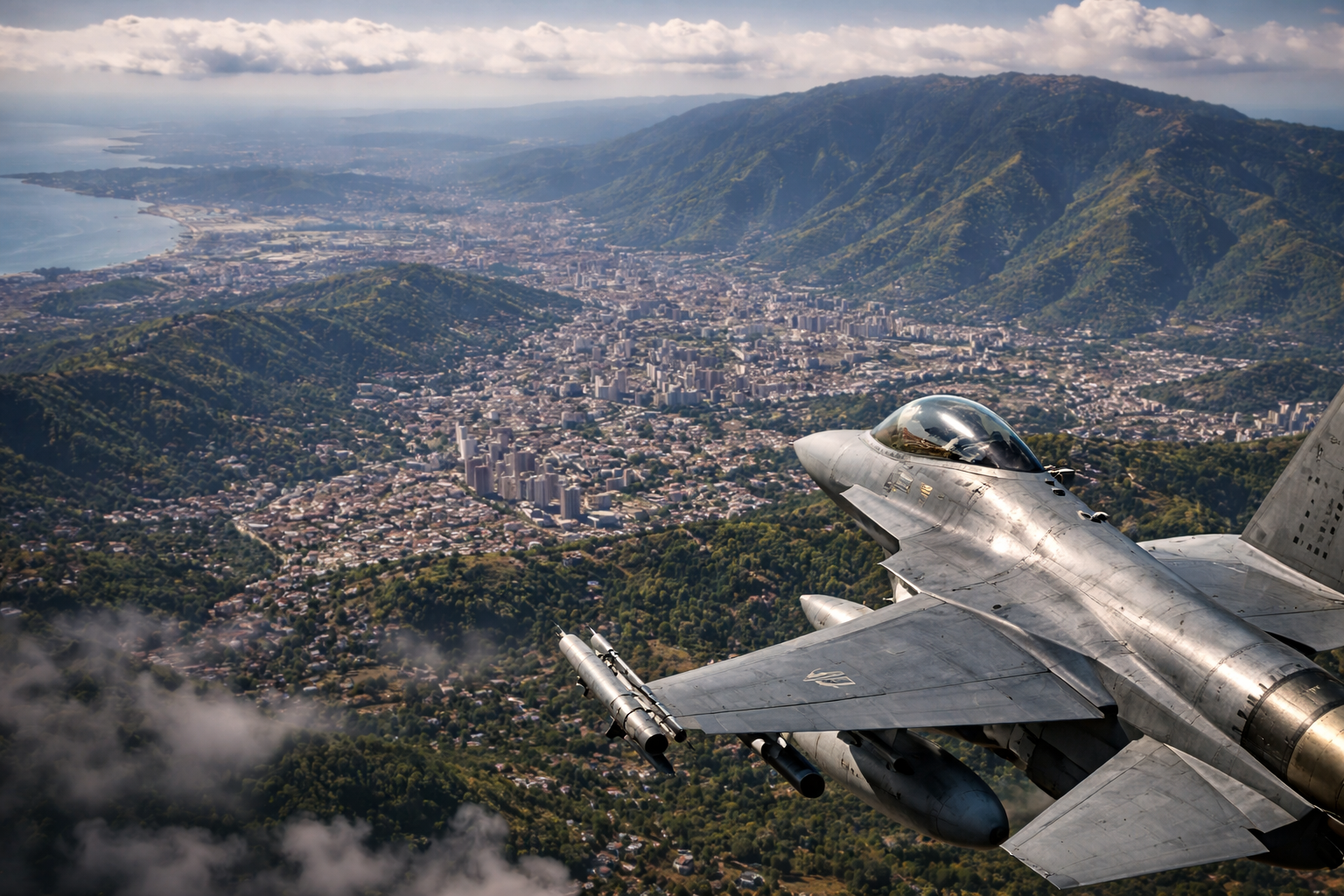 Imagem ilustrativa gerada por inteligência artificial mostra vista aérea das proximidades de Caracas, com parte de uma aeronave militar em primeiro plano, em composição conceitual.