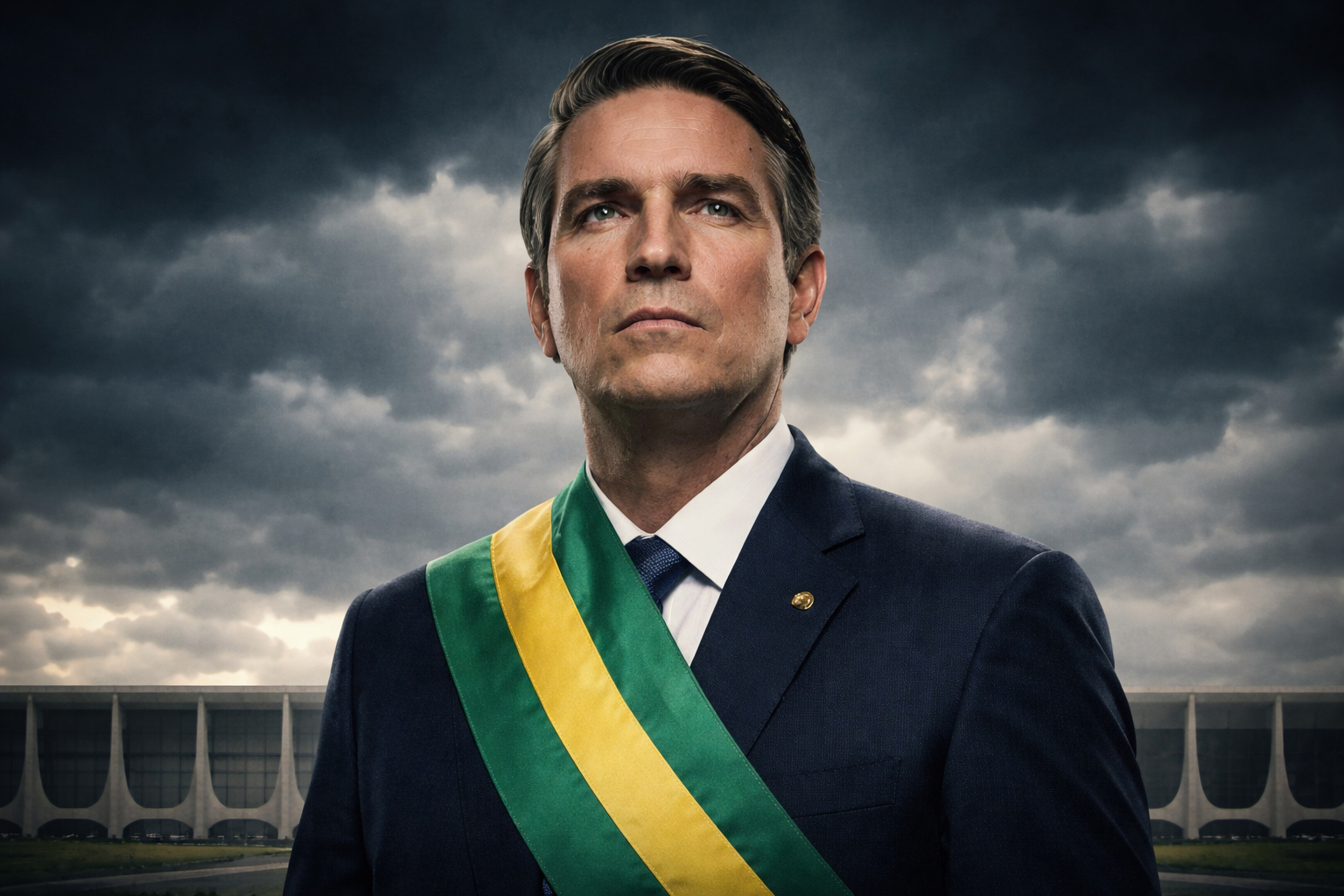 Ilustração gerada por inteligência artificial mostra Jim Caviezel caracterizado como Jair Bolsonaro, com faixa presidencial, diante de céu escuro e atmosfera cinematográfica.